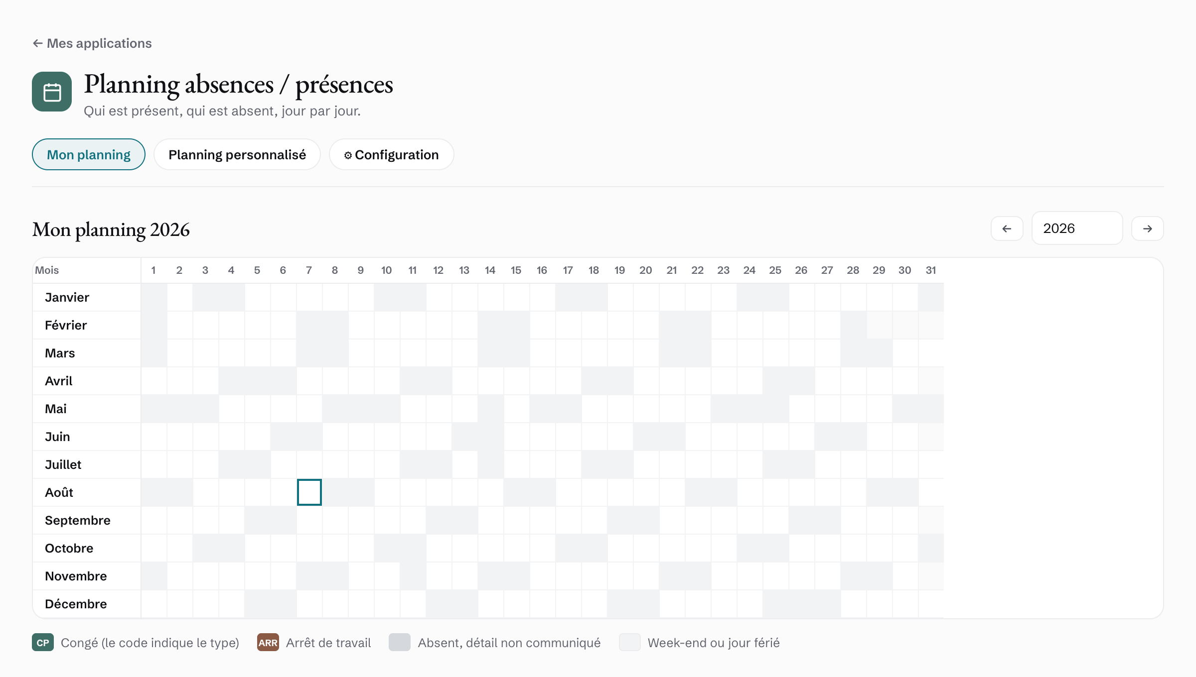 L’application Planning absences / présences : le planning annuel d’un collaborateur